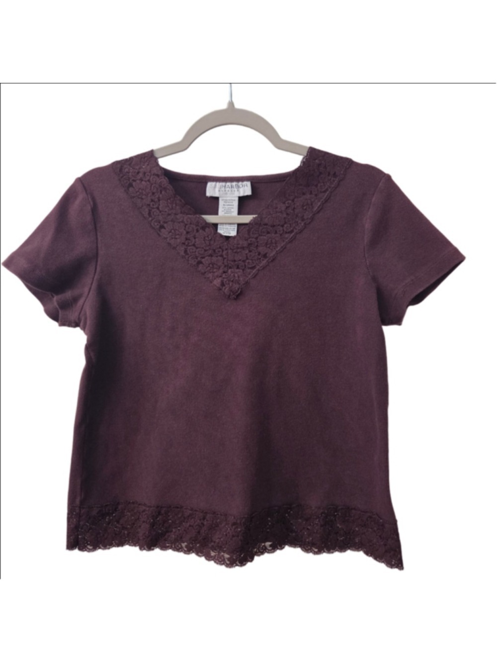 Sag Harbor Petite Burgundy Lace Trim V-Neck Knit Top Petite L
